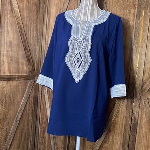 Bohemian style tunic with crochet stitching around collar and cuffs. Size XL.
